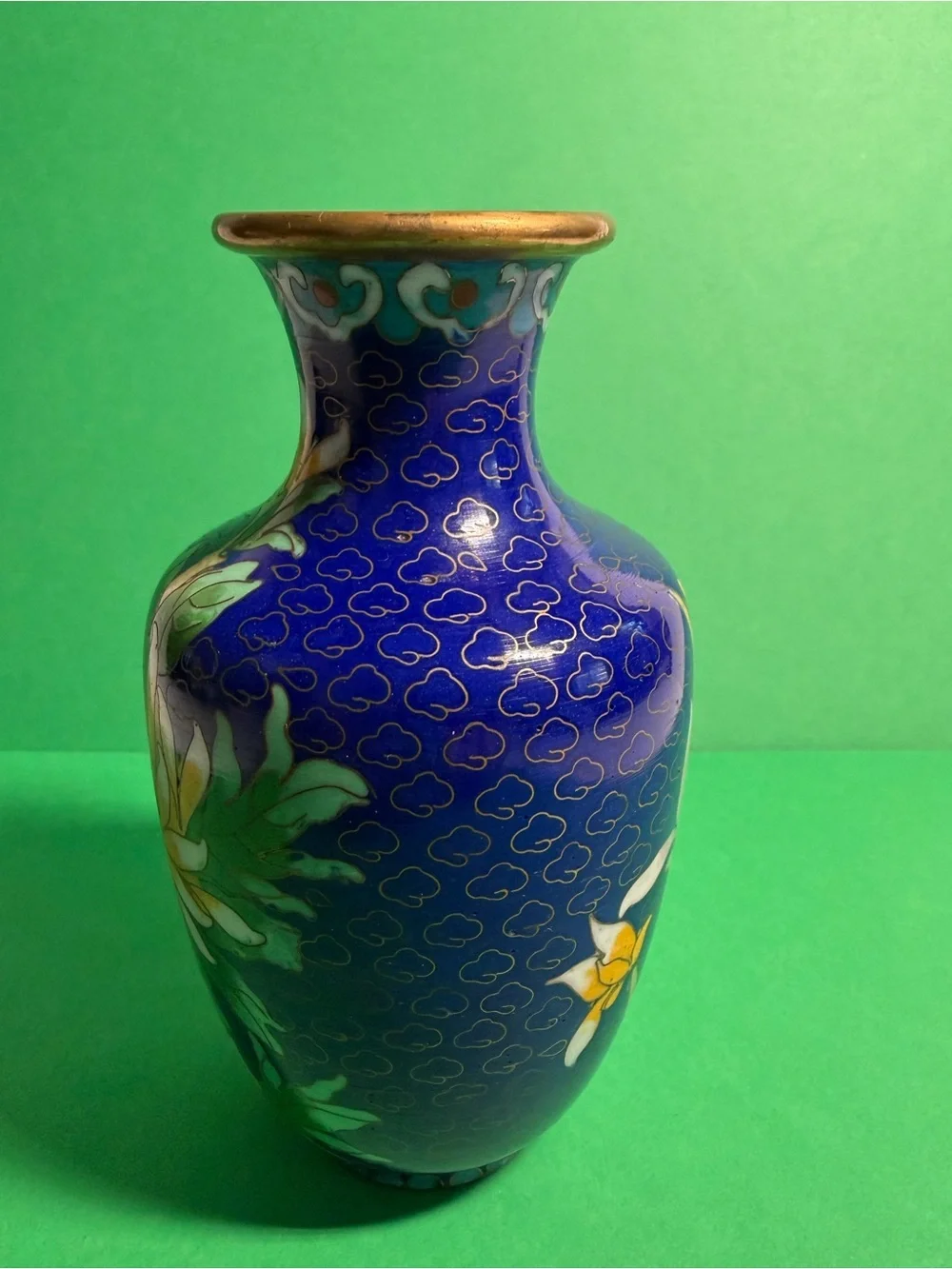 Cloisonné Floral Vase in Cobalt Blue and Yellow
